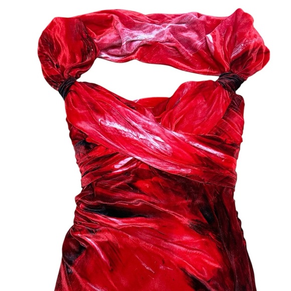 NWT Moschino Abstract Off-The-Shoulder Velour Velvet Dress US 4 Red Cocktail - Picture 2 of 14